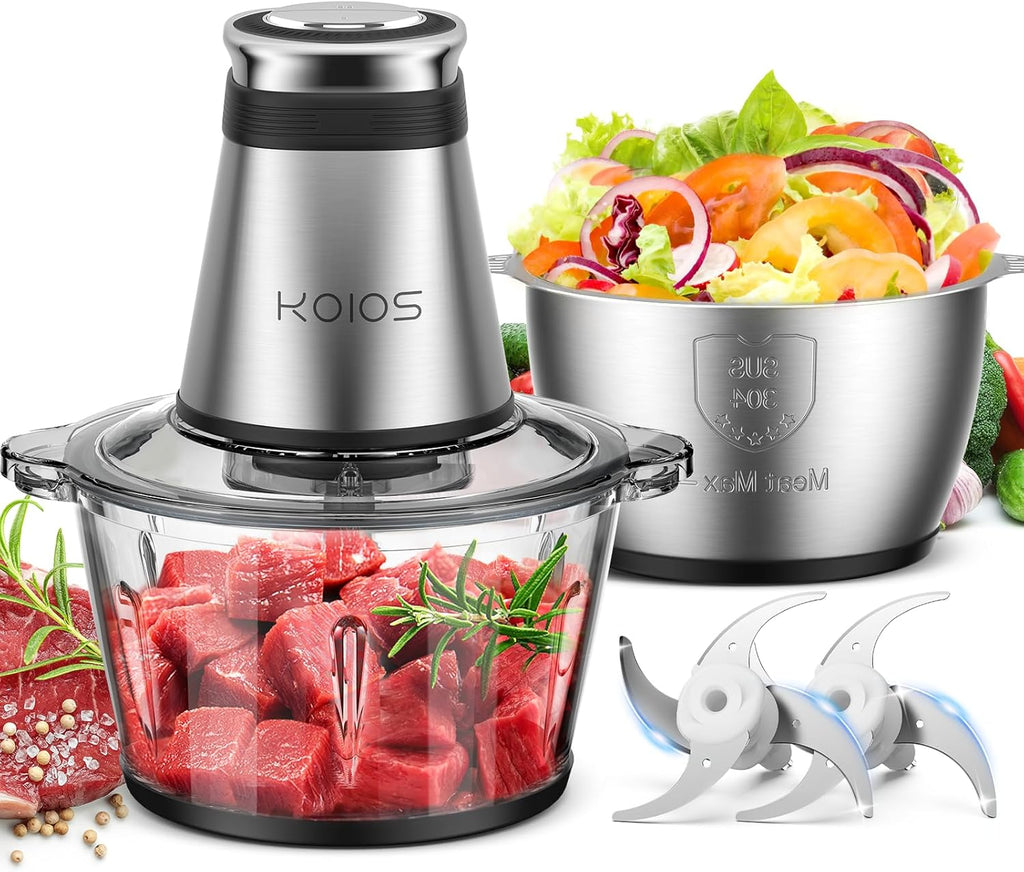 KOIOS Food Processor, 500W Electric Food Chopper with 2 Bowls (8 Cup+8 Cup) & 2 Bi-Level Blades&, Small Electric Grinder Meat Processor for Nuts, Meat, Onion, Garlic, Baby Food，Black