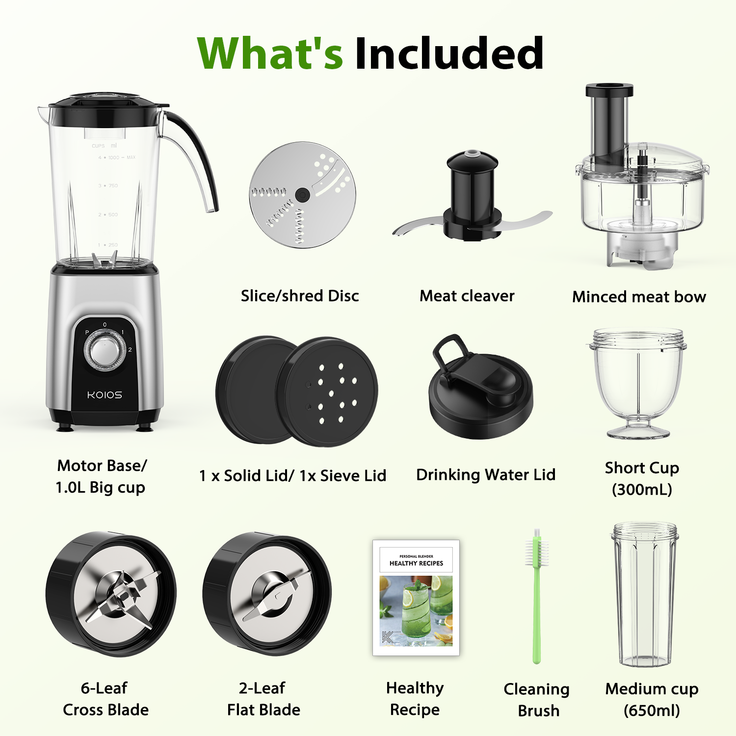 KOIOS Blender/Food Processor Combo Max 1000W, 4 in 1 34oz Pitcher, 22oz Travel Cup, Meat Grinder & Vegetable Chopper, Spice Grinder,BPA Free -All-in-One Kitchen System, Dishwasher Safe