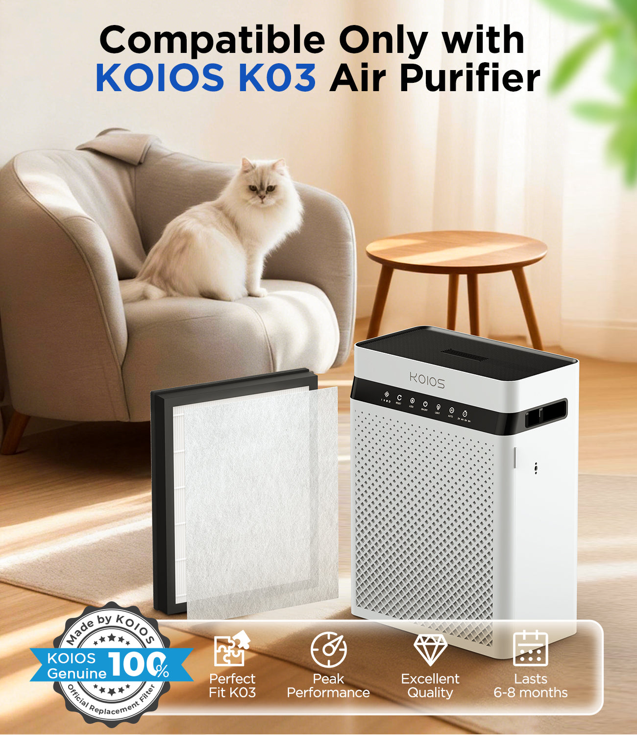 2 Pack KOIOS K03 Air Purifier Replacement Filter, 3-in-1 HEPA with Washable Pre-Filter & Upgraded Activated Carbon, Fit 2400sq.ft Large Room Hepa Air Purifier for Home Pets & Families