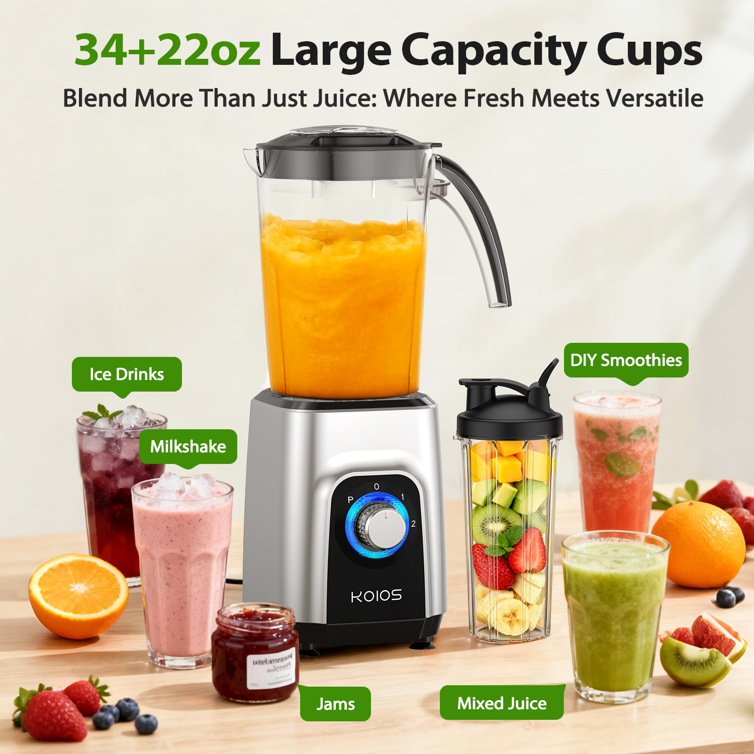 KOIOS Blender/Food Processor Combo Max 1000W, 4 in 1 34oz Pitcher, 22oz Travel Cup, Meat Grinder & Vegetable Chopper, Spice Grinder,BPA Free -All-in-One Kitchen System, Dishwasher Safe