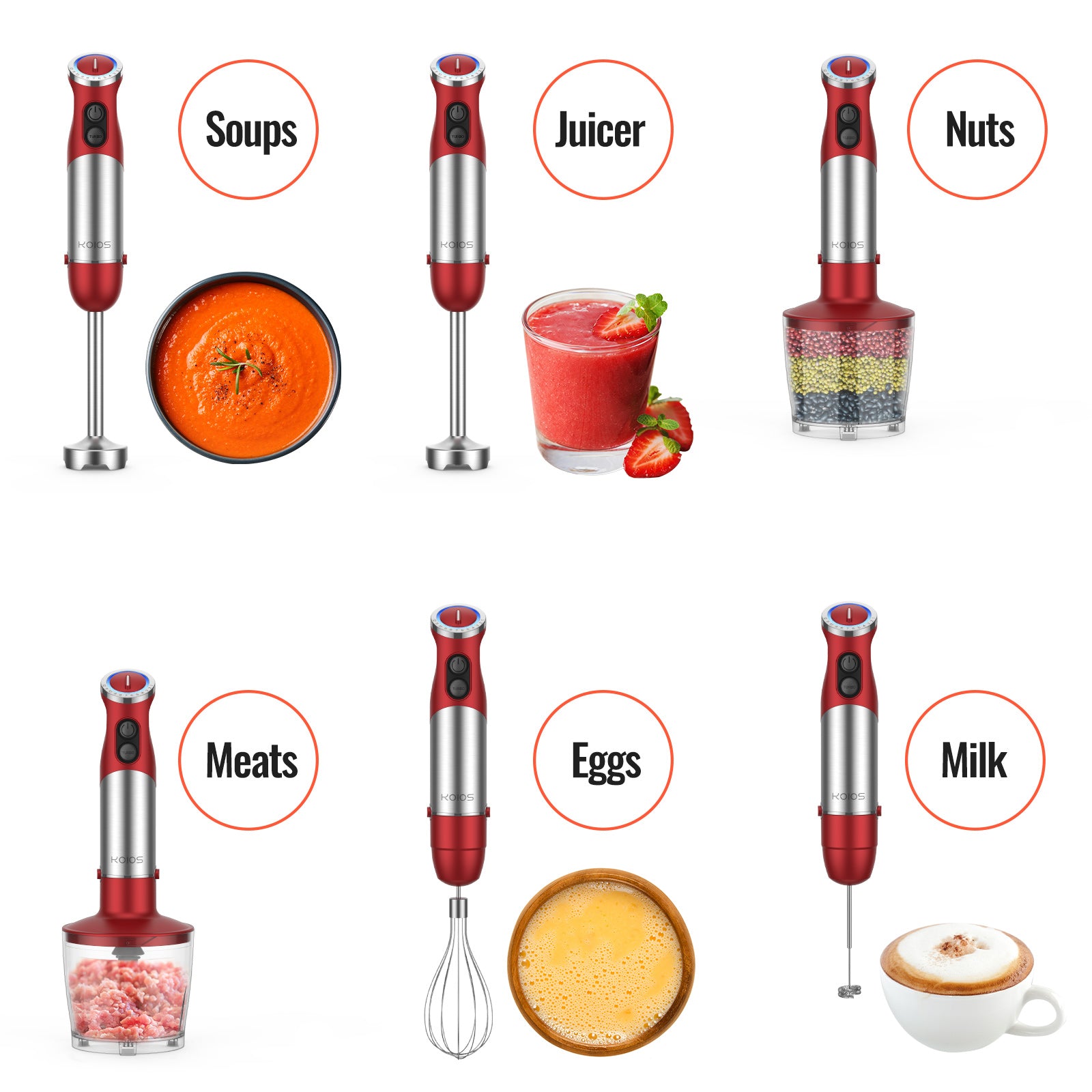 KOIOS 5-in-1 Hand Immersion Blender, 1000W 12 Speed Handheld Blender Stick with Copper Motor Stainless Steel Blade, 600ml Mixing Beaker,500ml Food Processor, Whisk, Milk Frother, Non-BPA