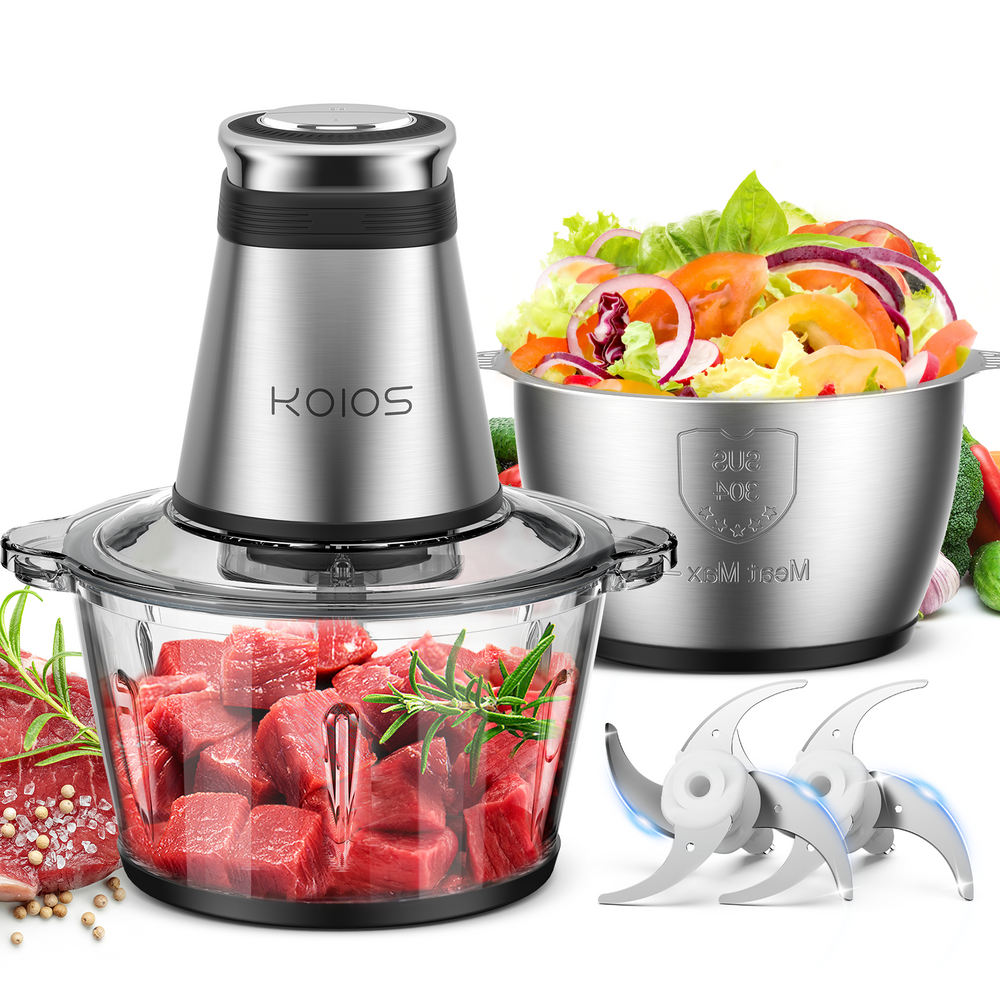 KOIOS Food Processor, 500W Electric Food Chopper with 2 Bowls (8 Cup+8 Cup) & 2 Bi-Level Blades&, Small Electric Grinder Meat Processor for Nuts, Meat, Onion, Garlic, Baby Food，Black