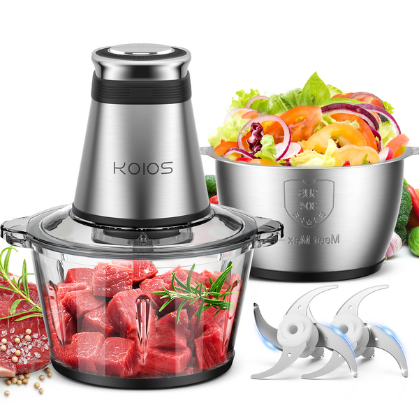 KOIOS Food Processor, 500W Electric Food Chopper with 2 Bowls (8 Cup+8 Cup) & 2 Bi-Level Blades&, Small Electric Grinder Meat Processor for Nuts, Meat, Onion, Garlic, Baby Food，Black