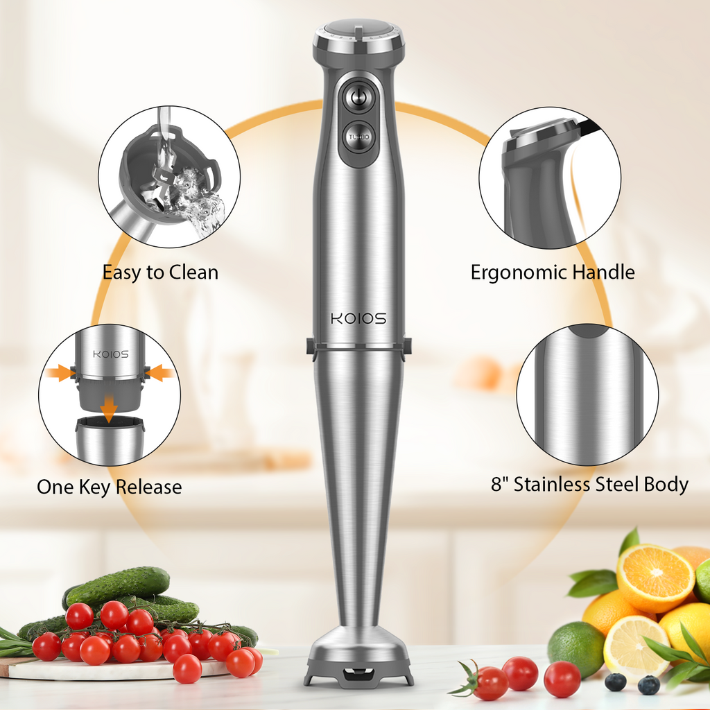 KOIOS Immersion Blender, 1000W Anti-scratch 3-in-1 Hand Blender, Upgraded 12 Speed Stainless Steel Blade Stick Blenders with Turbo Mode, Whisk and Milk Frother, Non-BPA