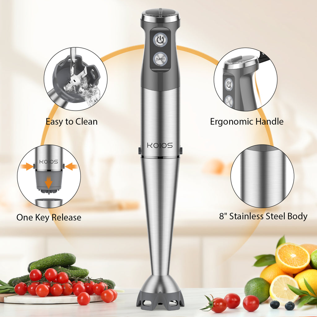 KOIOS Immersion Blender, 1000W Anti-scratch 3-in-1 Hand Blender, Upgraded 12 Speed Stainless Steel Blade Stick Blenders with Turbo Mode, Whisk and Milk Frother, Non-BPA