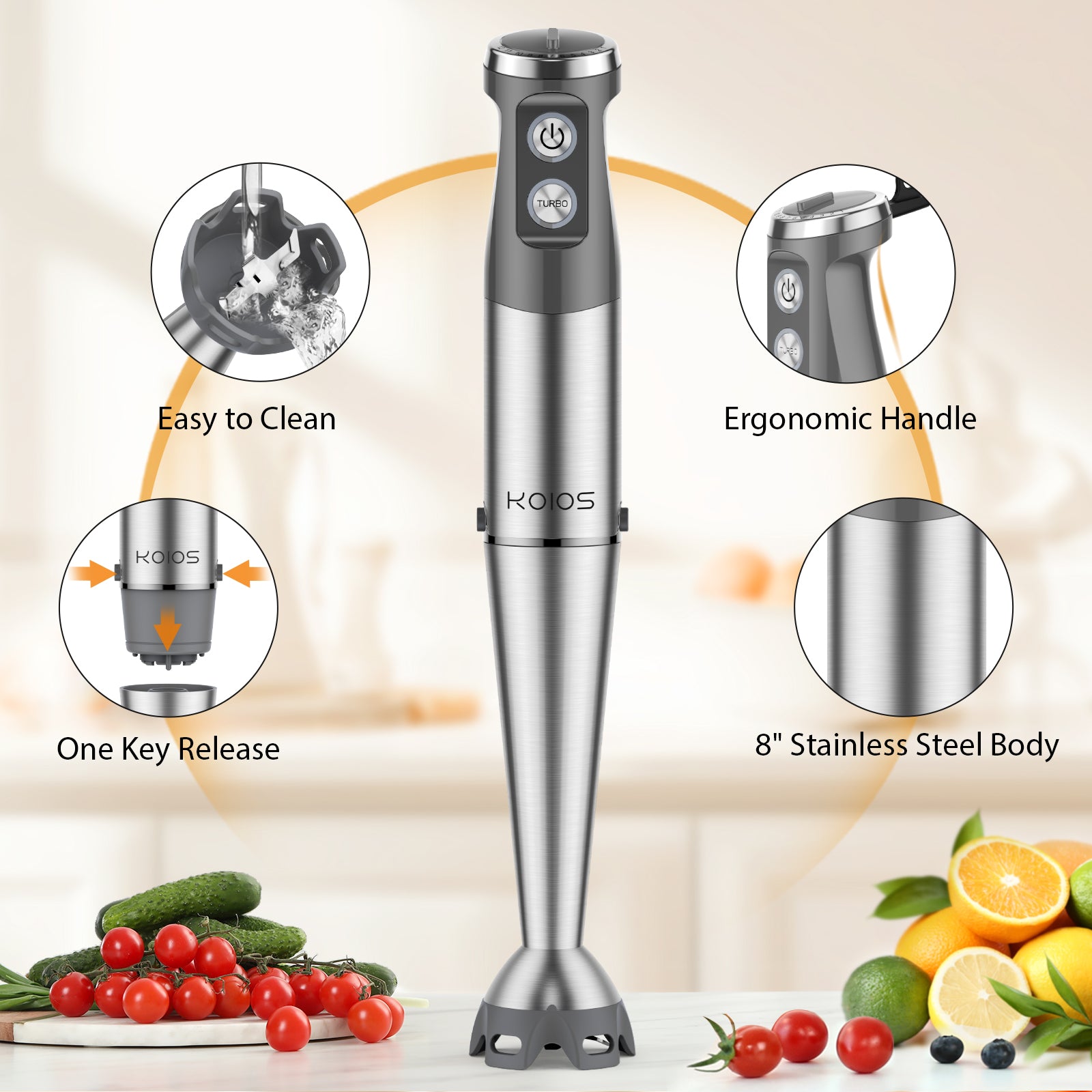KOIOS Immersion Blender, 1000W Anti-scratch 3-in-1 Hand Blender, Upgraded 12 Speed Stainless Steel Blade Stick Blenders with Turbo Mode, Whisk and Milk Frother, Non-BPA