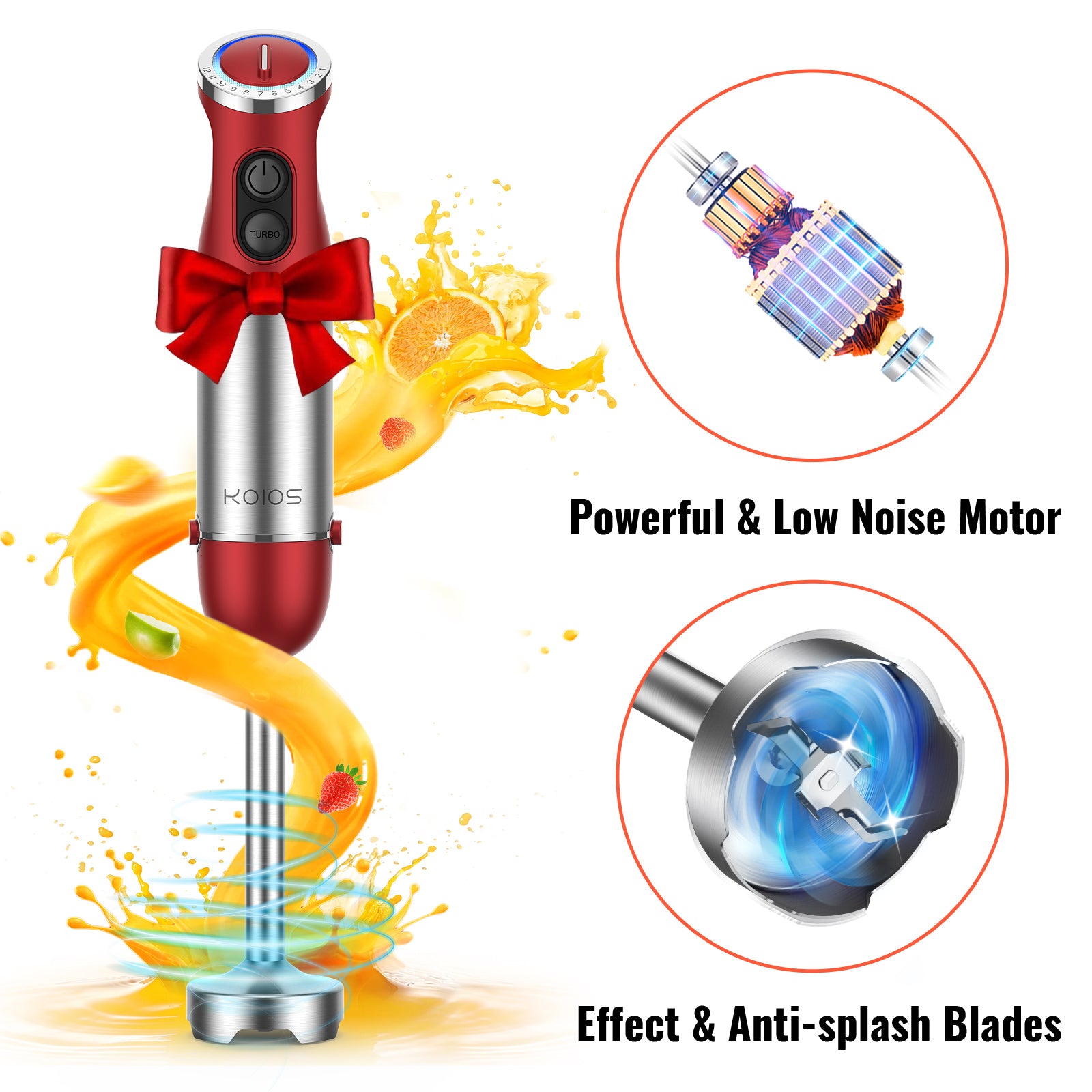 KOIOS 5-in-1 Hand Immersion Blender, 1000W 12 Speed Handheld Blender Stick with Copper Motor Stainless Steel Blade, 600ml Mixing Beaker,500ml Food Processor, Whisk, Milk Frother, Non-BPA