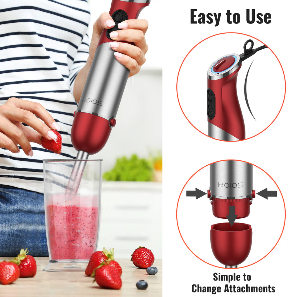KOIOS 5-in-1 Hand Immersion Blender, 1000W 12 Speed Handheld Blender Stick with Copper Motor Stainless Steel Blade, 600ml Mixing Beaker,500ml Food Processor, Whisk, Milk Frother, Non-BPA