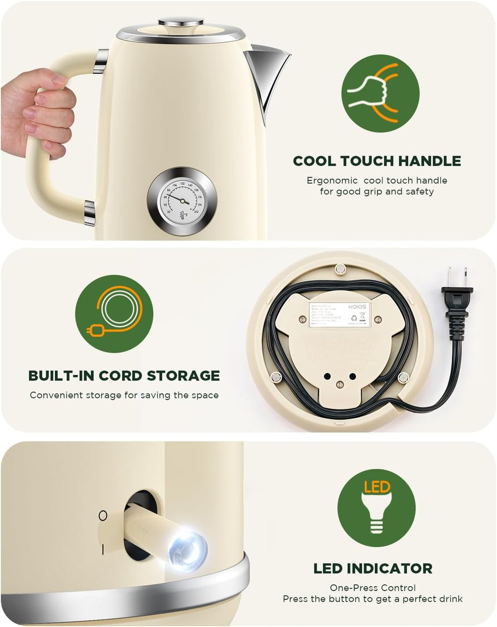 Electric Kettle 1.8L with Temperature Gauge, 1500W Fast Boiling Electric Tea Kettle, 100% Stainless Steel Retro-Style Hot Water Kettle Electric - Glowing LED Light, Auto Shut-Off & Boil-Dry Protection