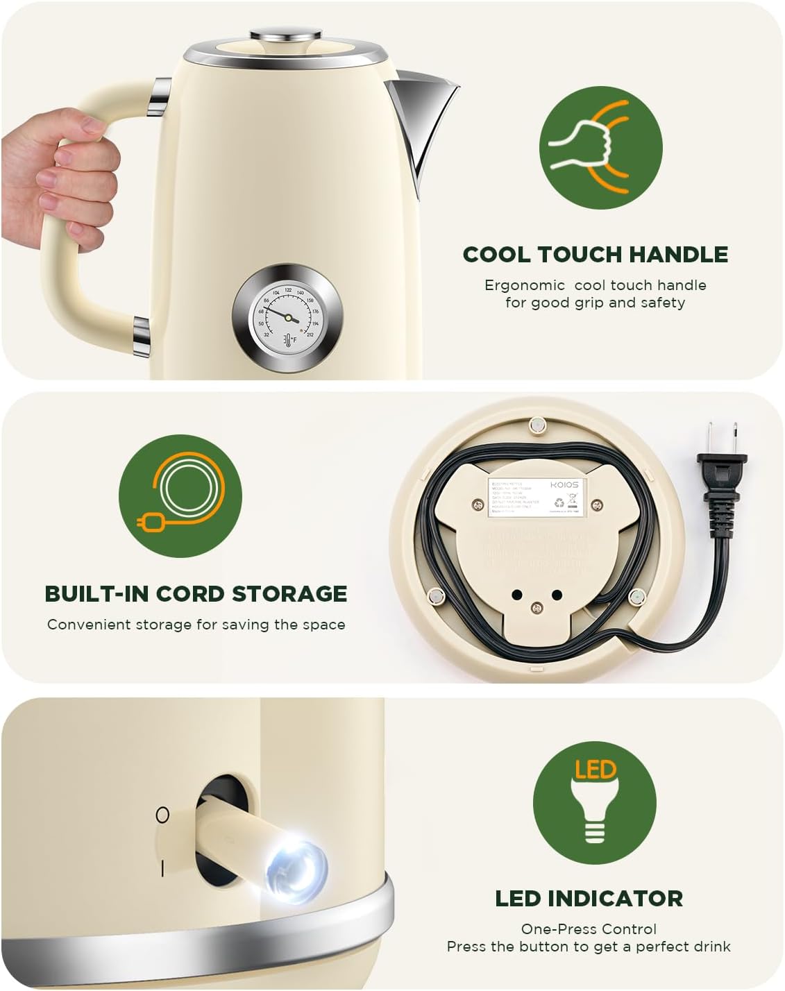 Electric Kettle 1.8L with Temperature Gauge, 1500W Fast Boiling Electric Tea Kettle, 100% Stainless Steel Retro-Style Hot Water Kettle Electric - Glowing LED Light, Auto Shut-Off & Boil-Dry Protection