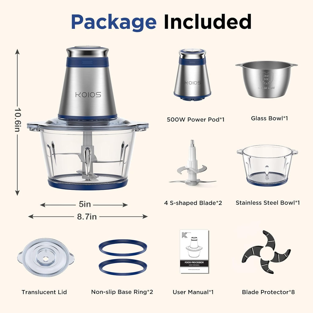 KOIOS Food Processor, 500W Electric Food Chopper with 2 Bowls (8 Cup+8 Cup) & 2 Bi-Level Blades&, Small Electric Grinder Meat Processor for Nuts, Meat, Onion, Garlic, Baby Food,Blue