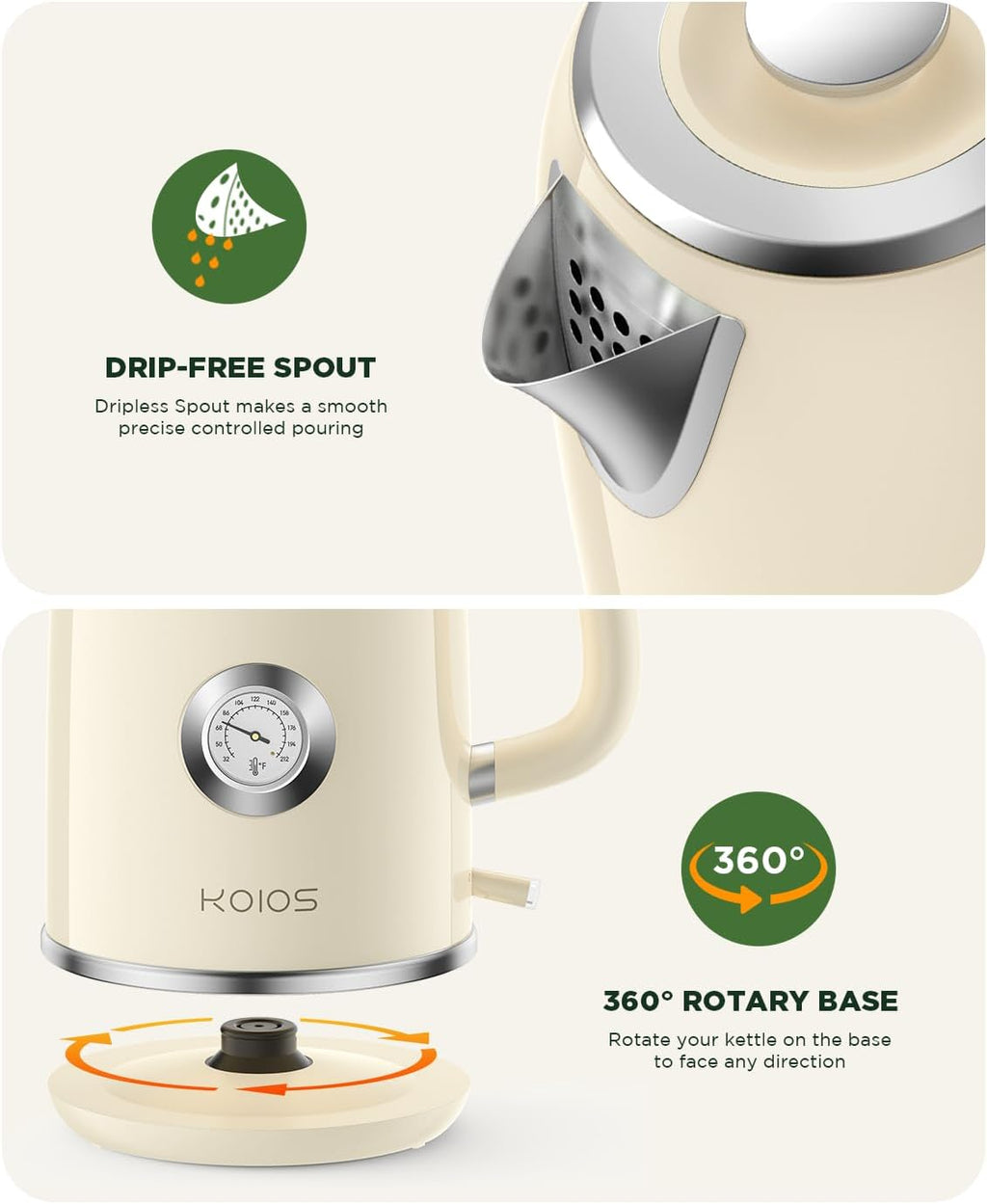 Electric Kettle 1.8L with Temperature Gauge, 1500W Fast Boiling Electric Tea Kettle, 100% Stainless Steel Retro-Style Hot Water Kettle Electric - Glowing LED Light, Auto Shut-Off & Boil-Dry Protection