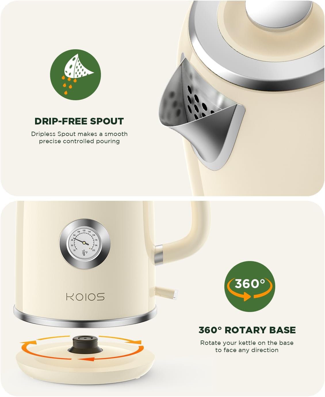 Electric Kettle 1.8L with Temperature Gauge, 1500W Fast Boiling Electric Tea Kettle, 100% Stainless Steel Retro-Style Hot Water Kettle Electric - Glowing LED Light, Auto Shut-Off & Boil-Dry Protection