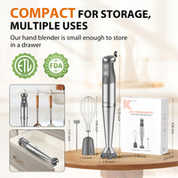 KOIOS Immersion Blender, 1000W Anti-scratch 3-in-1 Hand Blender, Upgraded 12 Speed Stainless Steel Blade Stick Blenders with Turbo Mode, Whisk and Milk Frother, Non-BPA