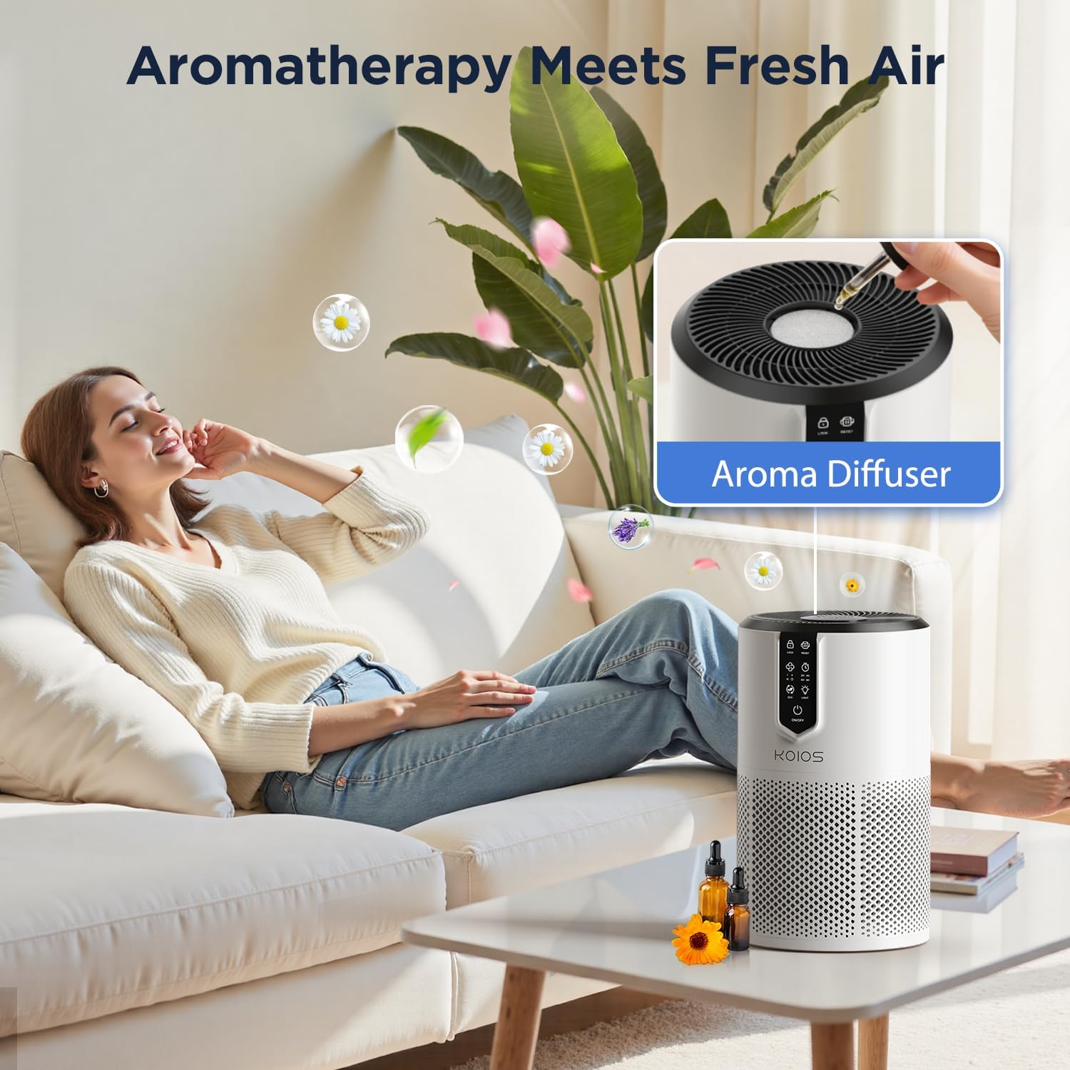 Air Purifiers for Bedroom, KOIOS H13 HEPA Air Purifiers for Home Pets, 15dB Quiet Air Cleaner for Office, Pets Dander, Odors, Smoke, With Eco Mode, Fragrance Sponge, Night Light C150-White