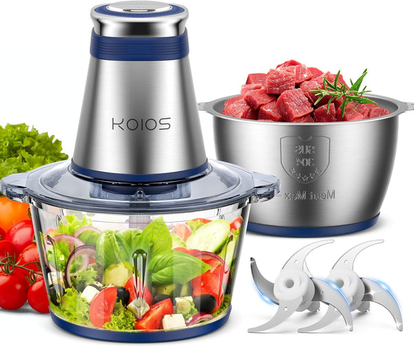 KOIOS Food Processor, 500W Electric Food Chopper with 2 Bowls (8 Cup+8 Cup) & 2 Bi-Level Blades&, Small Electric Grinder Meat Processor for Nuts, Meat, Onion, Garlic, Baby Food