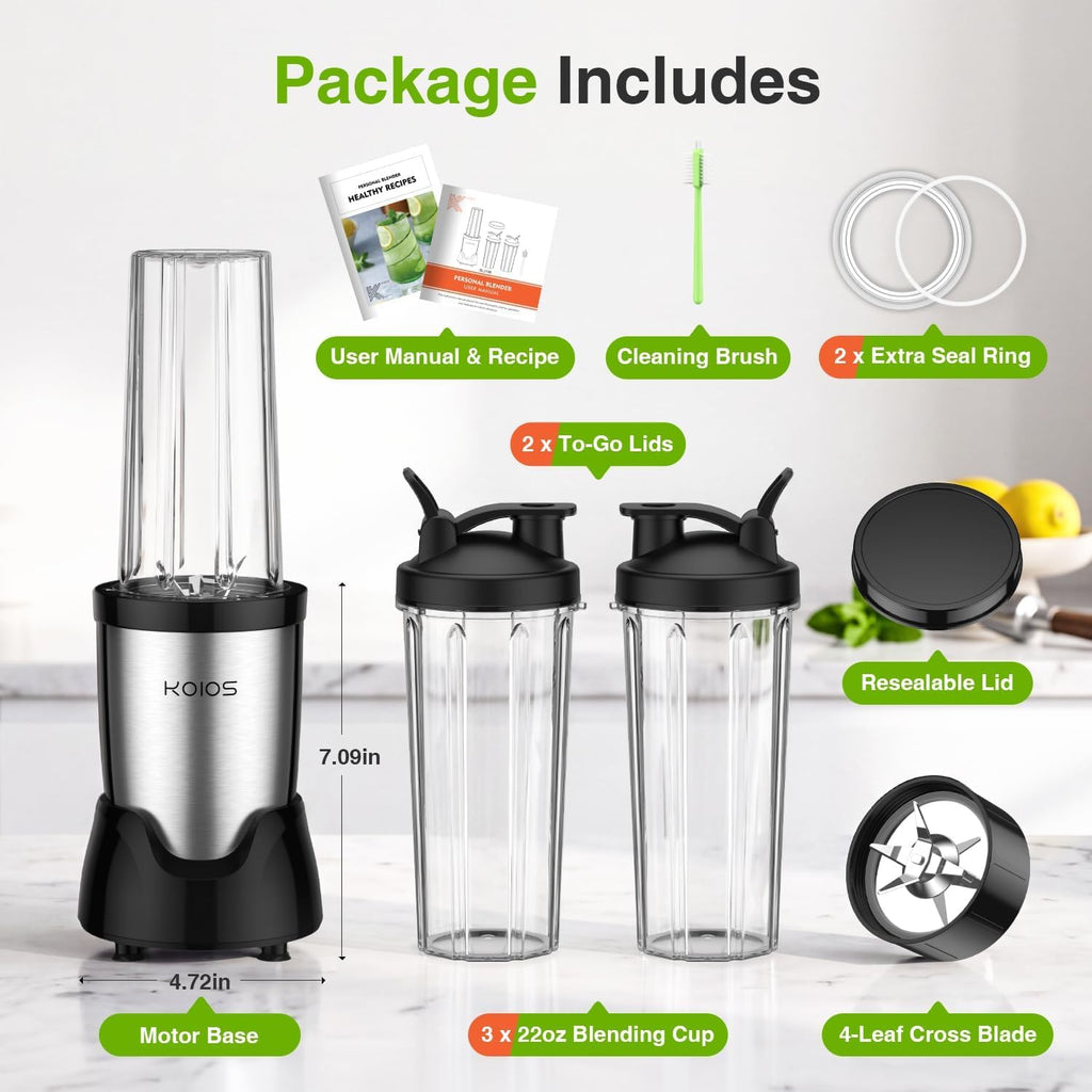 KOIOS BL319B | 22,000 RPM Smoothie Blender + 3 To-Go Cups