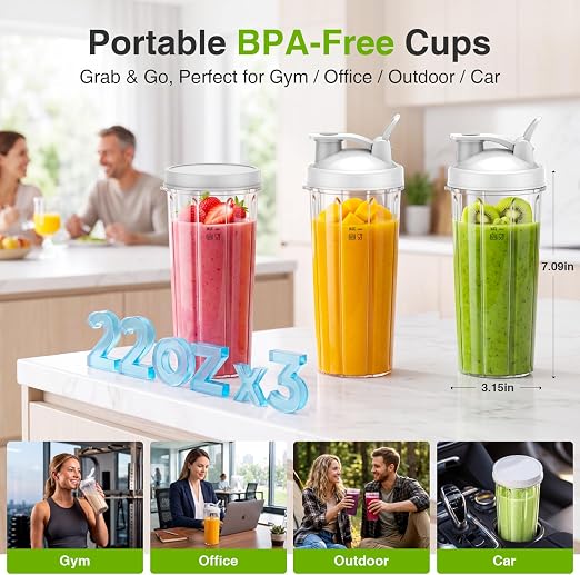 KOIOS BL319B Personal Blender | 22,000 RPM + 3×22oz To-Go Cups (White)