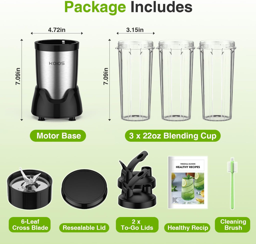 KOIOS Blender for Smoothies,Personal Blender for Shakes and Smoothies with 3 * 22oz To-Go Cups,22000 RPM Smoothie Maker,Detachable 6-leaf Blade Portable Blenders for kitchen,Nutritious