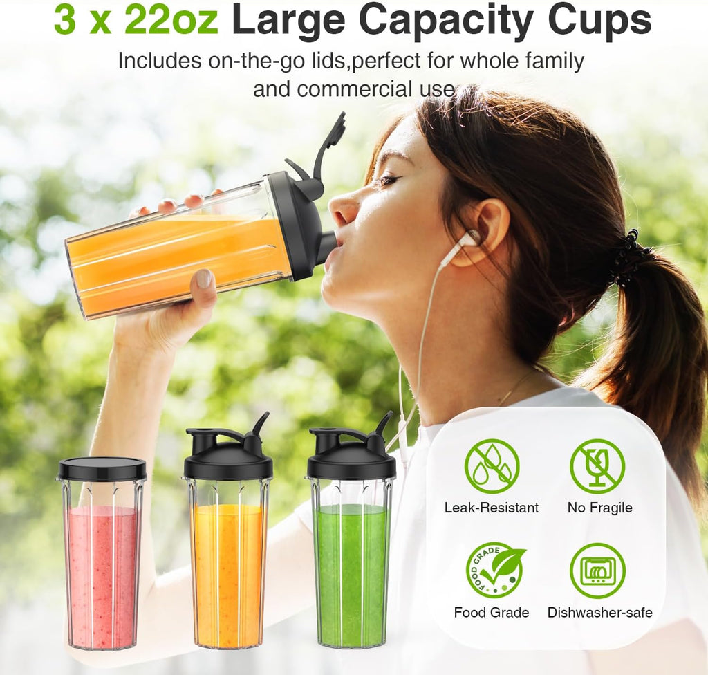 KOIOS Blender for Smoothies,Personal Blender for Shakes and Smoothies with 3 * 22oz To-Go Cups,22000 RPM Smoothie Maker,Detachable 6-leaf Blade Portable Blenders for kitchen,Nutritious