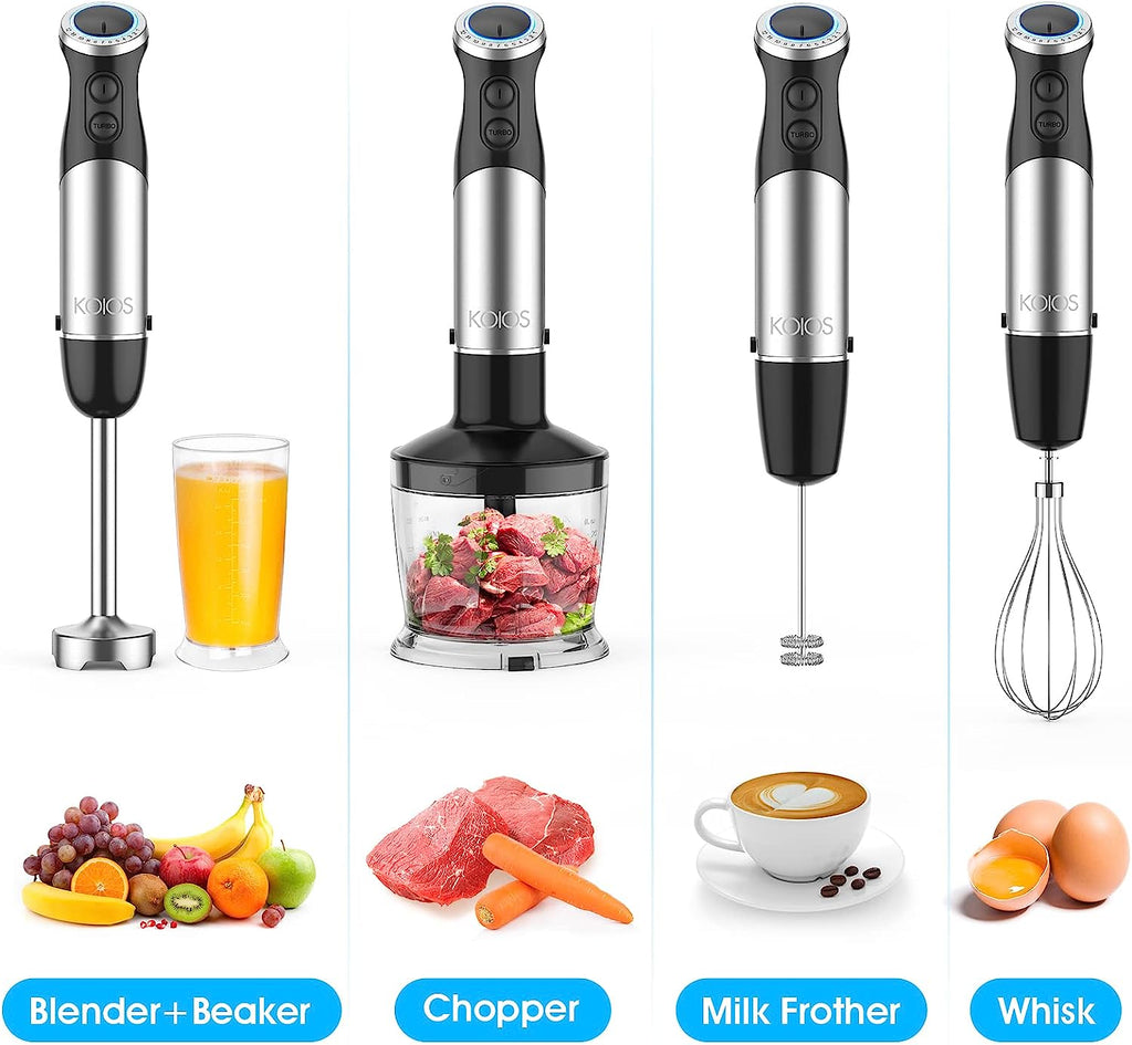 KOIOS Upgraded Immersion Blender Handheld, 1000W 12-Speed 5 in 1 Hand Mixer Stick Blender with 304 Stainless Steel Blade,Food Processor,Beaker,Egg Whisk&Milk Frother,Non-BPA,Smoothies Purée Baby Food