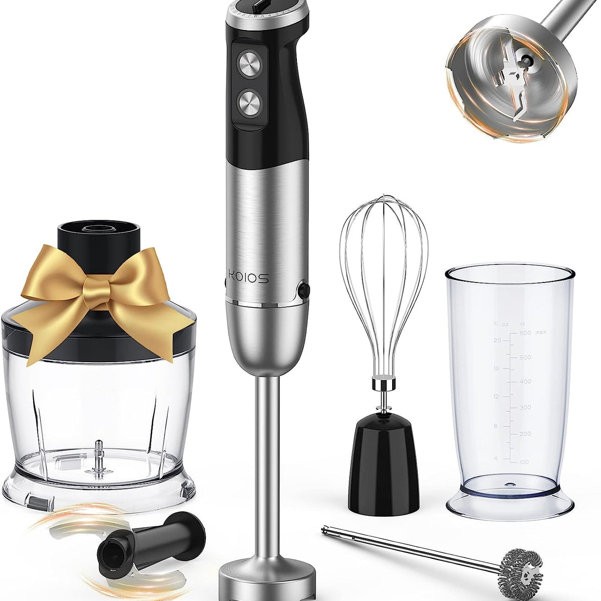 3- in-1 Immersion Hand Blender, Powerful 1000W Stainless Steel Stick Blender, 4 Sharpe Blades with Whisk, Milk Frother Attachments