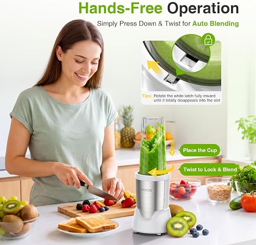 KOIOS BL319B Personal Blender | 22,000 RPM + 3×22oz To-Go Cups (White)