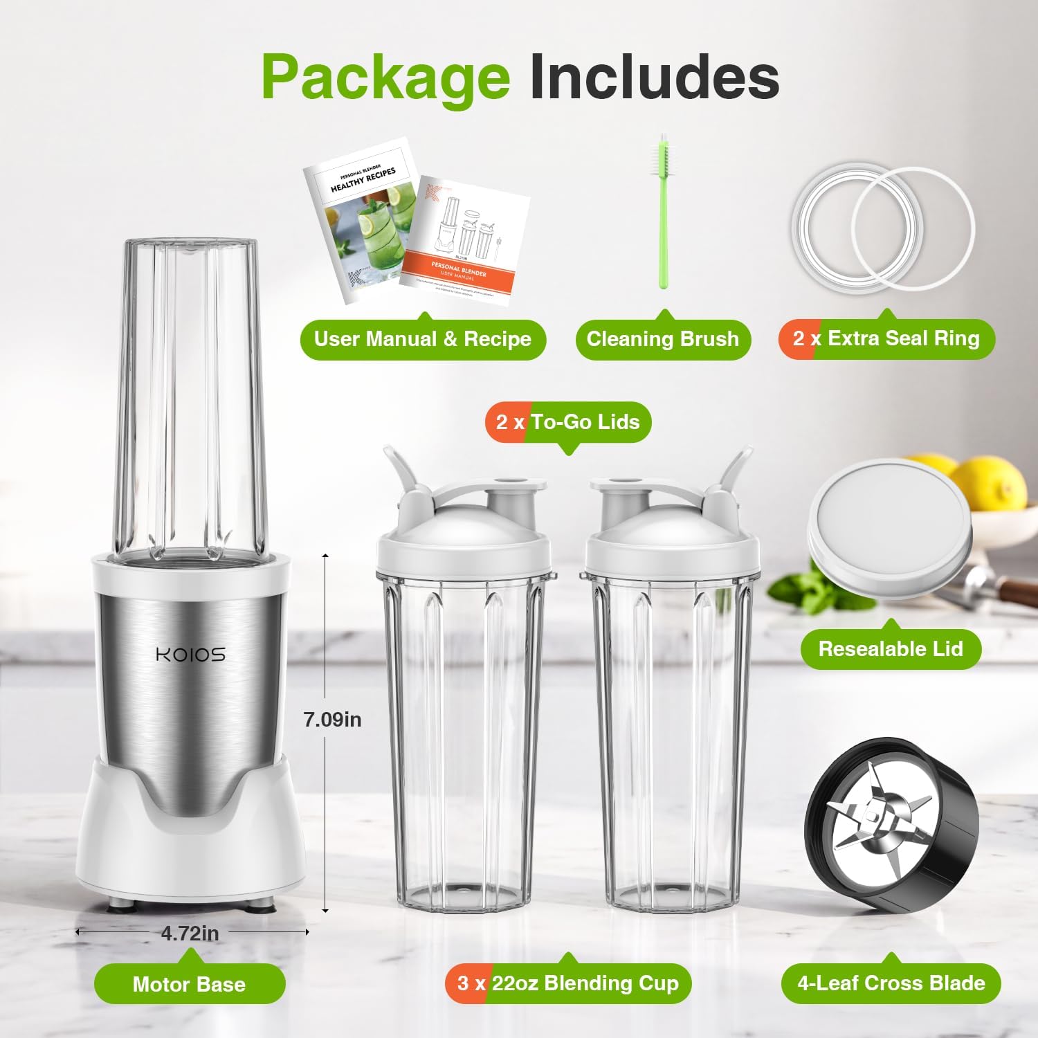 KOIOS BL319B Personal Blender | 22,000 RPM + 3×22oz To-Go Cups (White)