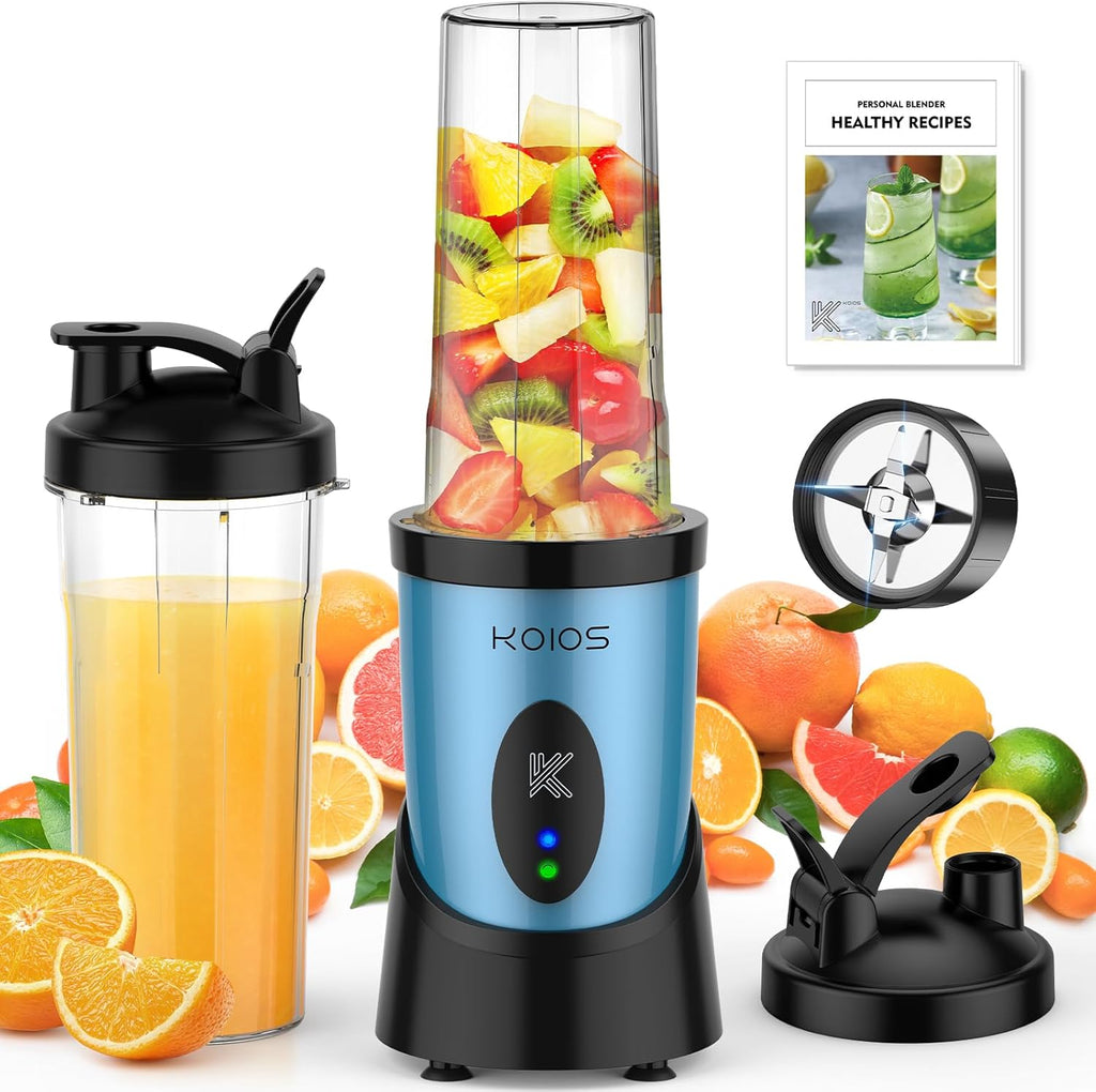 KOIOS Smoothie Blender, 900W Personal Blender for Shakes and Smoothies for Kitchen with 2 No-BPA 22oz Portable Cups, Single Serve Smoothies Maker Mixer for Juices, Nutritious Recipe (Grey Blue)
