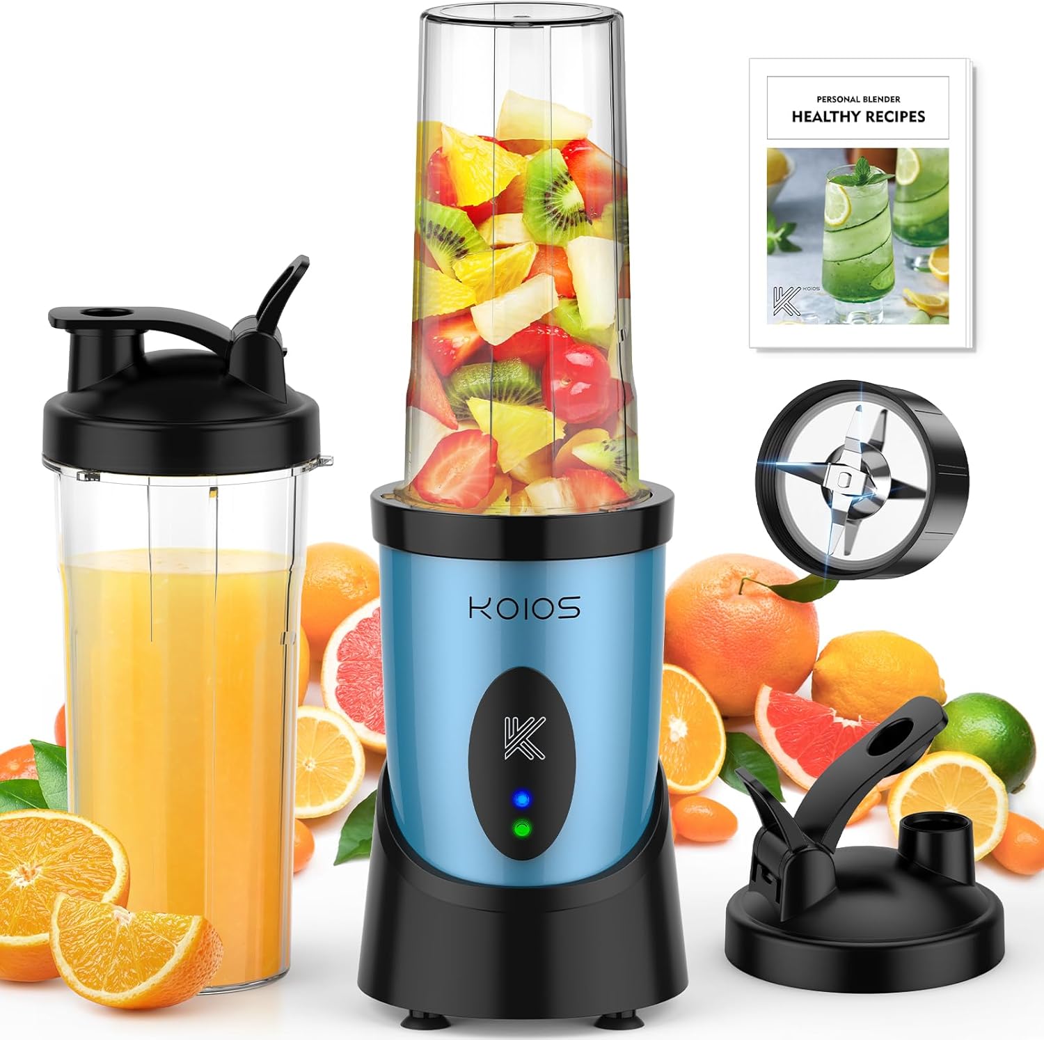 KOIOS Smoothie Blender, 900W Personal Blender for Shakes and Smoothies for Kitchen with 2 No-BPA 22oz Portable Cups, Single Serve Smoothies Maker Mixer for Juices, Nutritious Recipe (Grey Blue)