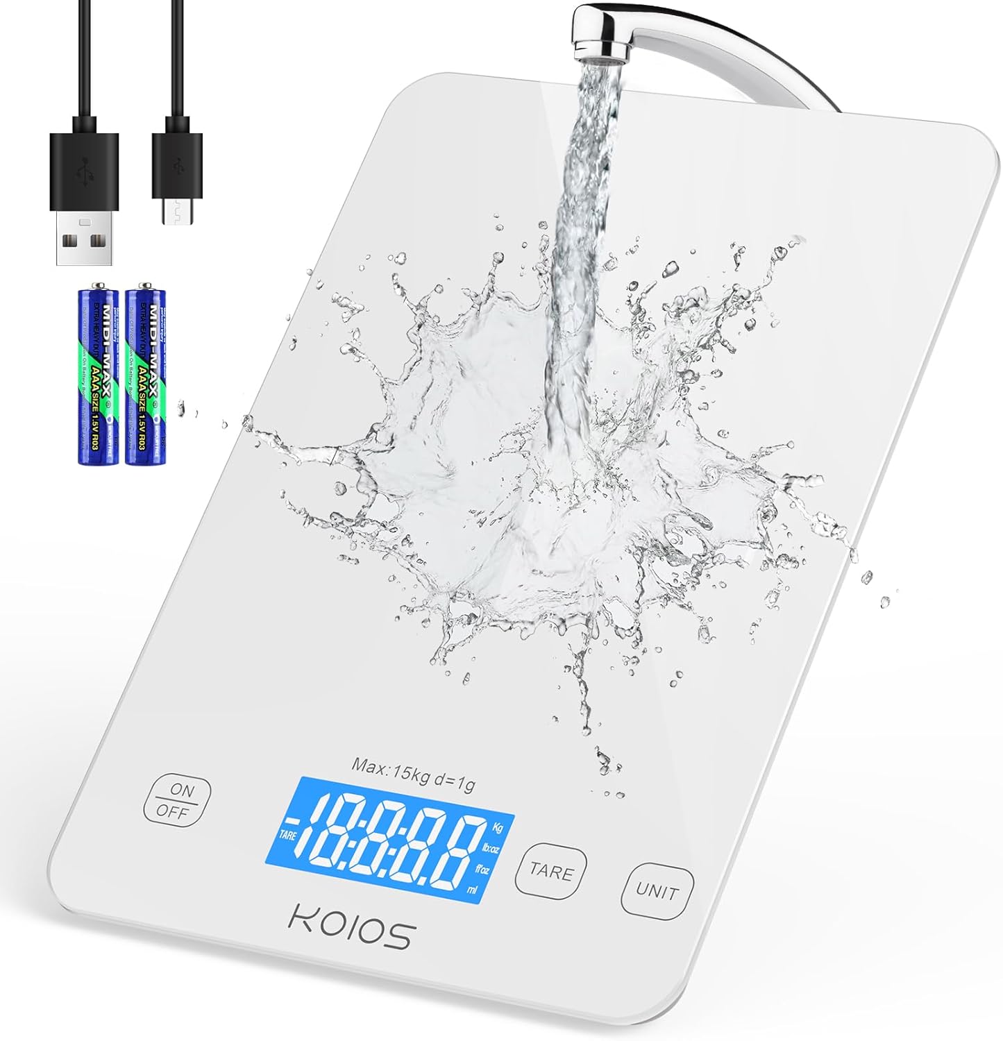 KOIOS Kitchen Scale, 33lb/15kg Digital Food Scales Weight in Grams and Ounces for Cooking Baking, 1g/0.1oz Precise Graduation, Batteries and Type-C Charging, Tare Function, LCD Display