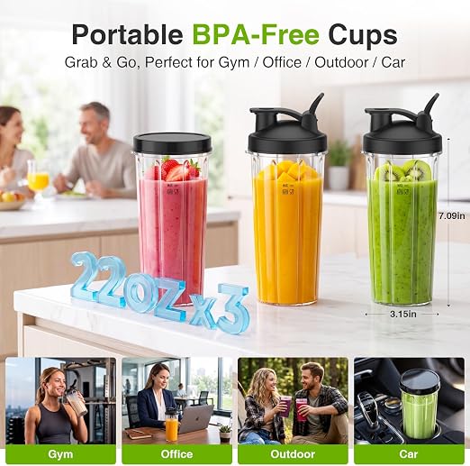 KOIOS BL319B | 22,000 RPM Smoothie Blender + 3 To-Go Cups