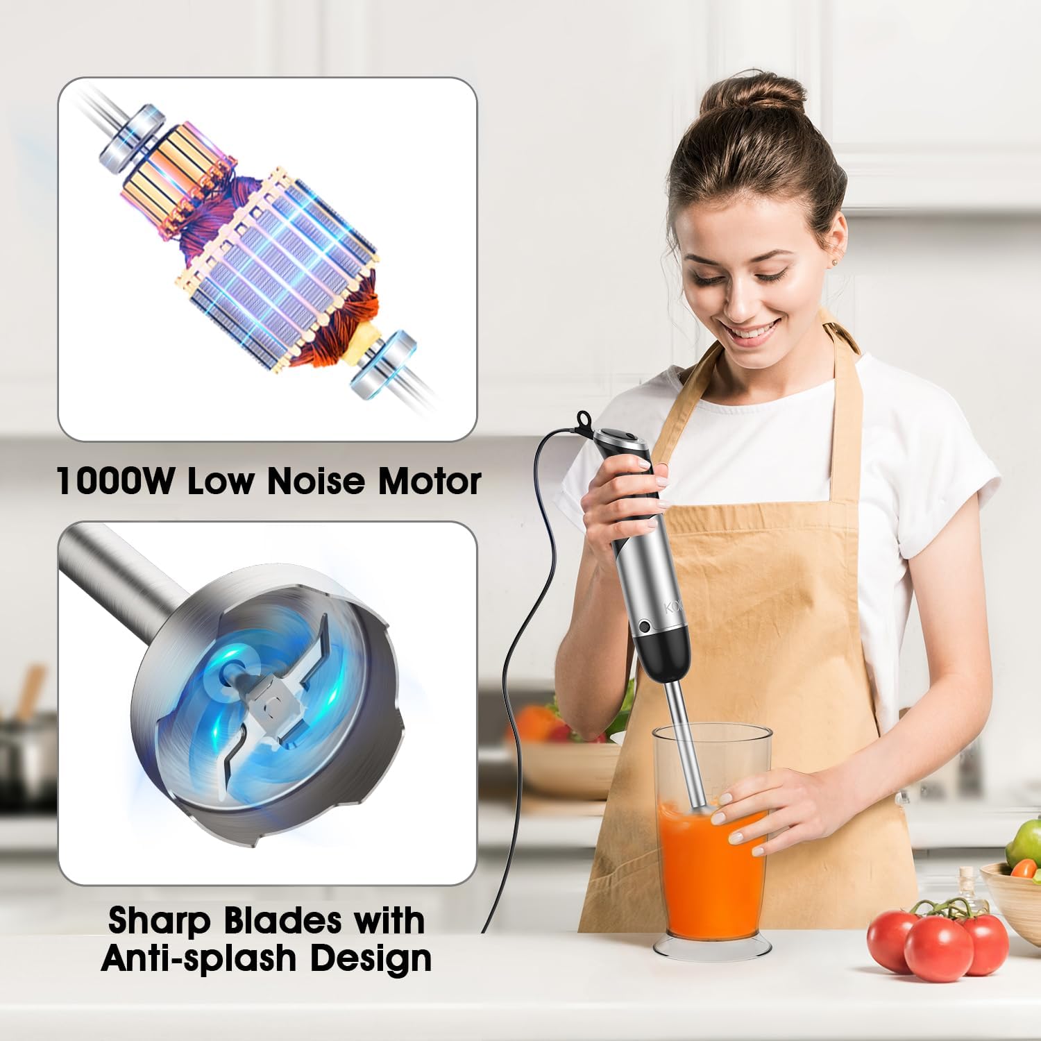 KOIOS Upgraded Immersion Blender Handheld, 1000W 12-Speed 5 in 1 Hand Mixer Stick Blender with 304 Stainless Steel Blade,Food Processor,Beaker,Egg Whisk&Milk Frother,Non-BPA,Smoothies Purée Baby Food