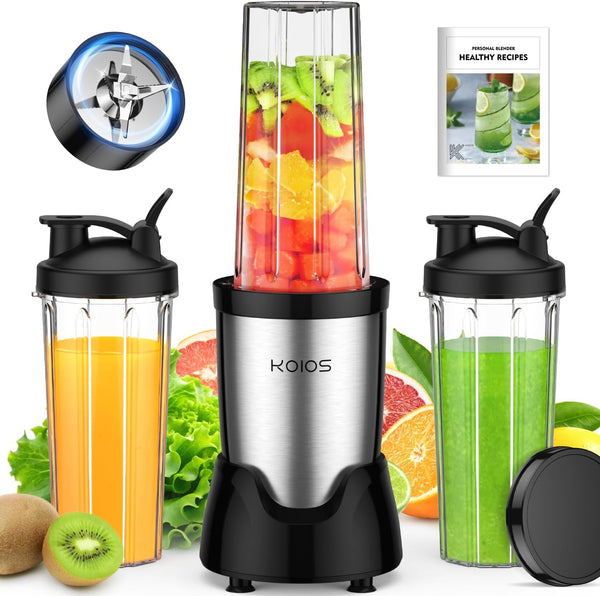 KOIOS Blender for Smoothies,Personal Blender for Shakes and Smoothies with 3 * 22oz To-Go Cups,22000 RPM Smoothie Maker,Detachable 6-leaf Blade Portable Blenders for kitchen,Nutritious