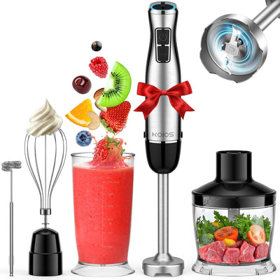 KOIOS Immersion Blender, 1100W 5-in-1 Multi-Purpose Hand Blender, 12-Speed, 600ml Beaker, 500ml Chopper, Egg Whisk, Milk Frother