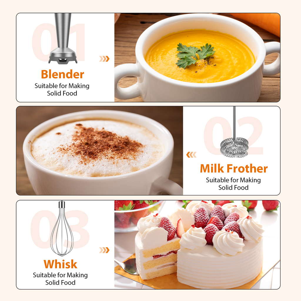 KOIOS Immersion Blender, 1000W Anti-scratch 3-in-1 Hand Blender, Upgraded 12 Speed Stainless Steel Blade Stick Blenders with Turbo Mode, Whisk and Milk Frother, Non-BPA