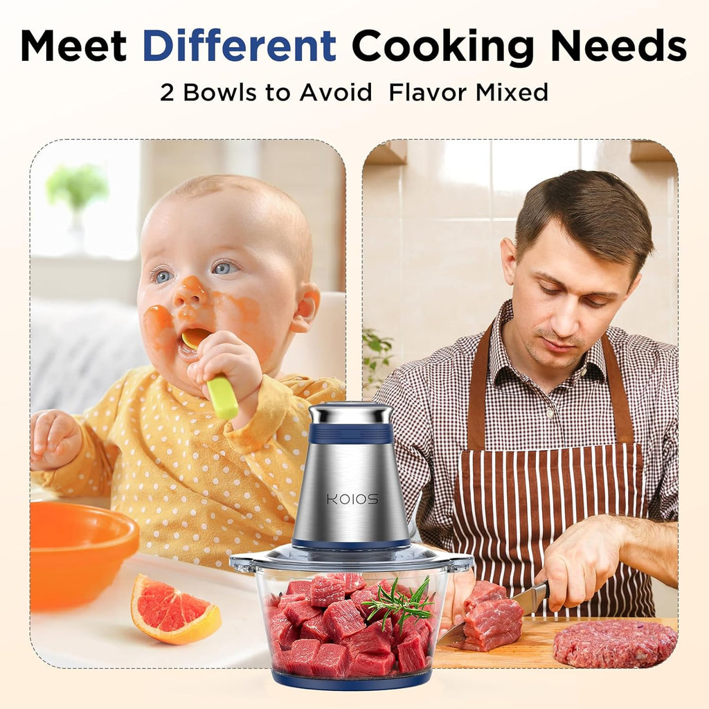 KOIOS Food Processor, 500W Electric Food Chopper with 2 Bowls (8 Cup+8 Cup) & 2 Bi-Level Blades&, Small Electric Grinder Meat Processor for Nuts, Meat, Onion, Garlic, Baby Food,Blue
