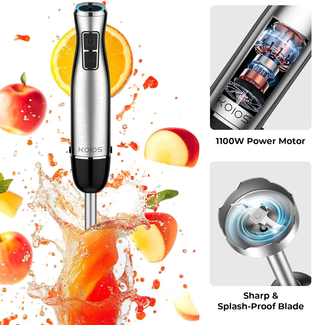 KOIOS Immersion Blender, 1100W 5-in-1 Multi-Purpose Hand Blender, 12-Speed, 600ml Beaker, 500ml Chopper, Egg Whisk, Milk Frother