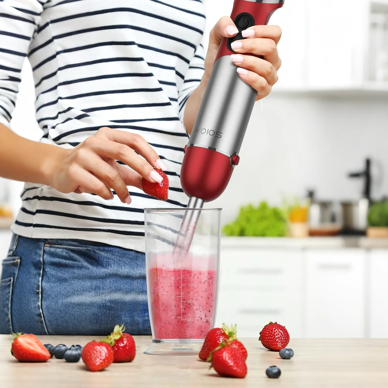 KOIOS 5-in-1 Hand Immersion Blender, 1000W 12 Speed Handheld Blender Stick with Copper Motor Stainless Steel Blade, 600ml Mixing Beaker,500ml Food Processor, Whisk, Milk Frother, Non-BPA