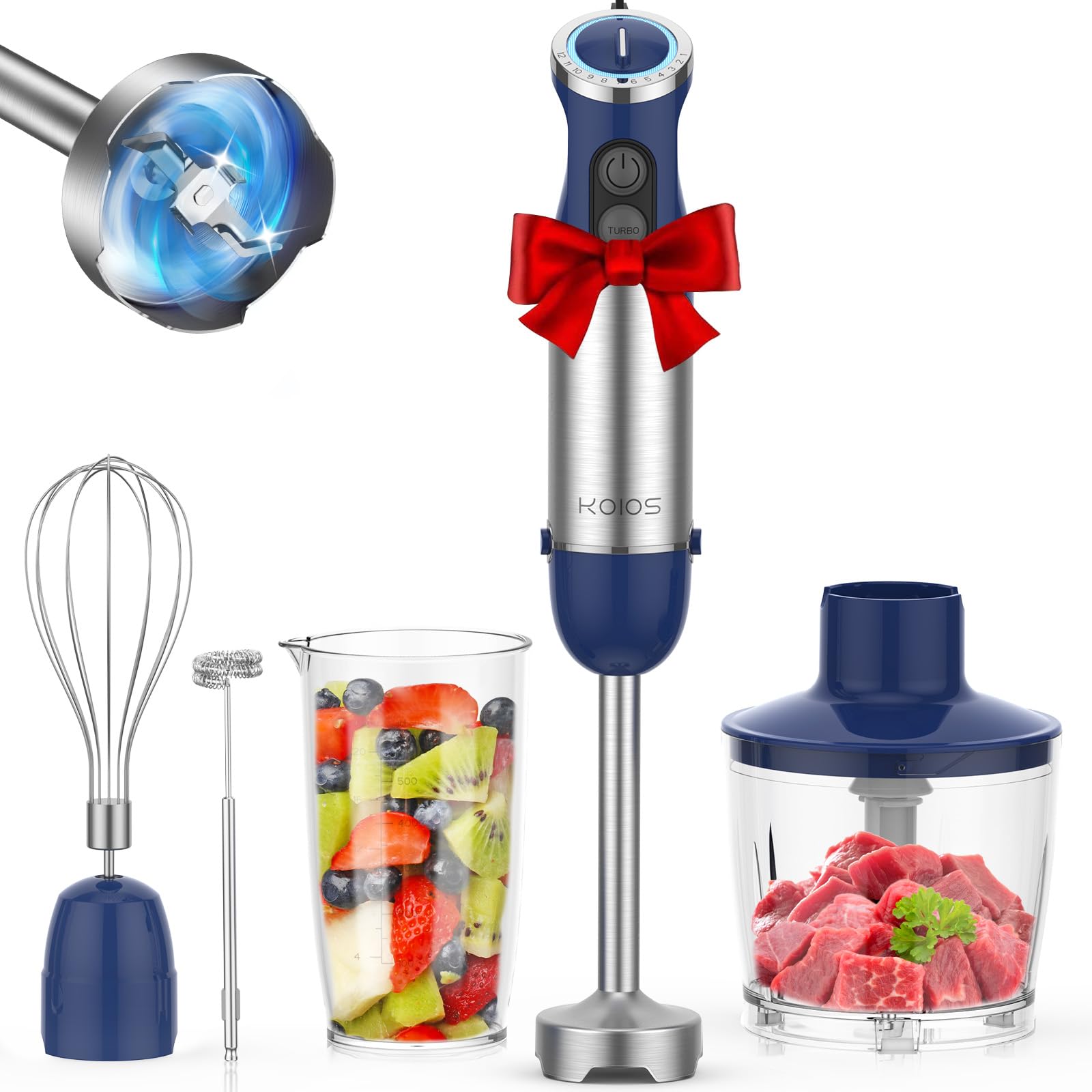 KOIOS 5-in-1 Hand Immersion Blender, 12 Speed Adjustable Emulsifier Handheld Blender, 1000W Copper Motor Stainless Steel Blade Hand Mixer with attachments, Blue