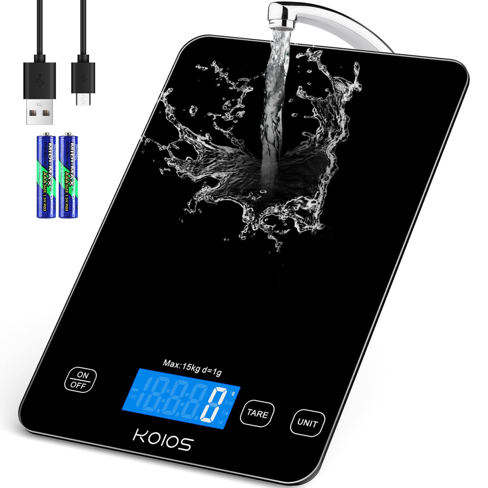 KOIOS Food Scale, 33lb/15kg Digital Kitchen Scale Weight in Grams and Ounces for Cooking Baking, 1g/0.1oz Precise Graduation, Batteries and Type-C Charging, Tare Function, LCD Display, Black