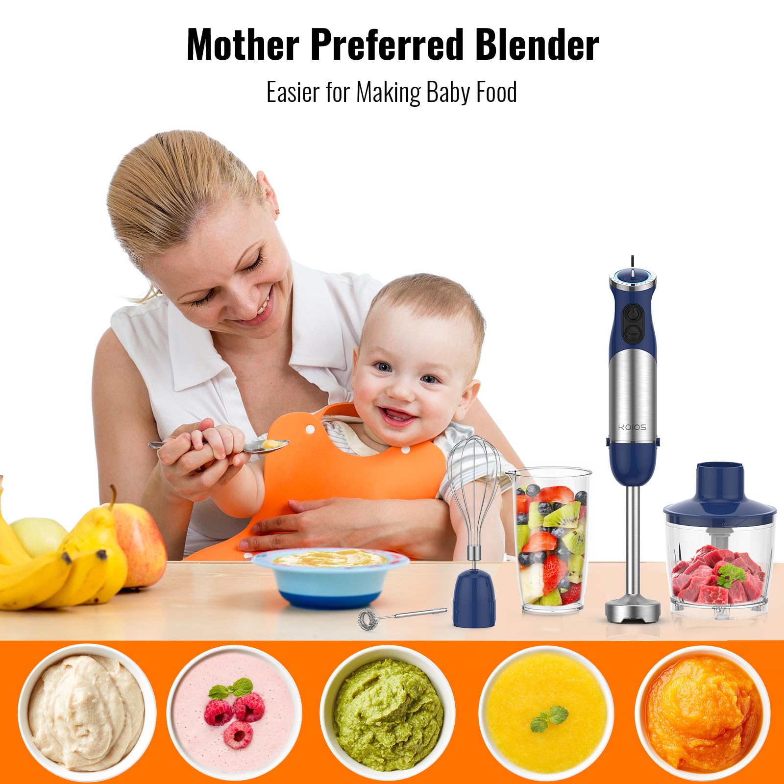 KOIOS 5-in-1 Hand Immersion Blender, 12 Speed Adjustable Emulsifier Handheld Blender, 1000W Copper Motor Stainless Steel Blade Hand Mixer with attachments, Blue